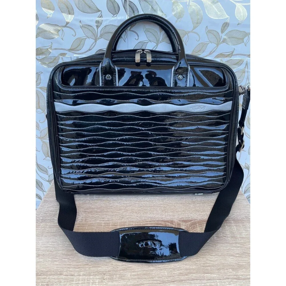 Tumi Black Patent Leather Laptop Briefcase Bag Wave Quilted Retro Whimsigoth Y2K